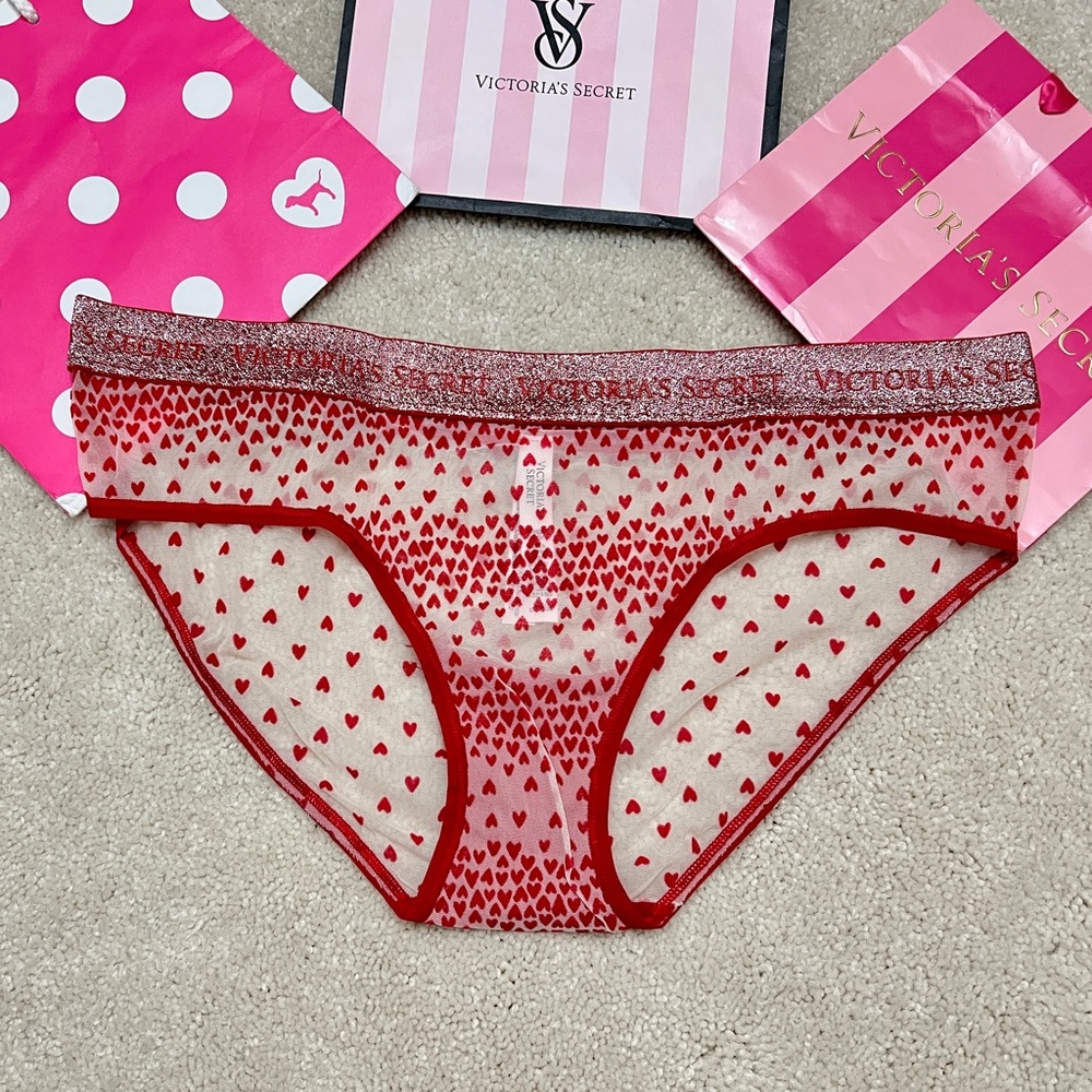 Victoria’s Secret Shimmer Logo WaistBand Red Heart Sheer Back Panties VS Large L - Picture 3 of 6